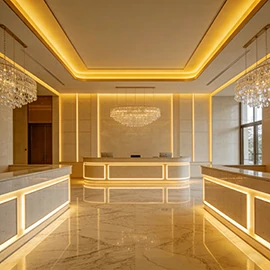 Hotel lobby with warm LED cove lighting